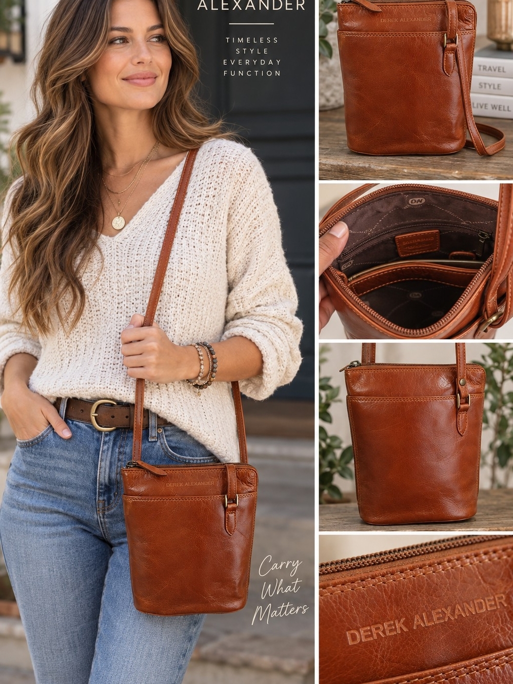Derek Alexander Central Park Top Zip Bucket Leather Crossbody Bag Brown